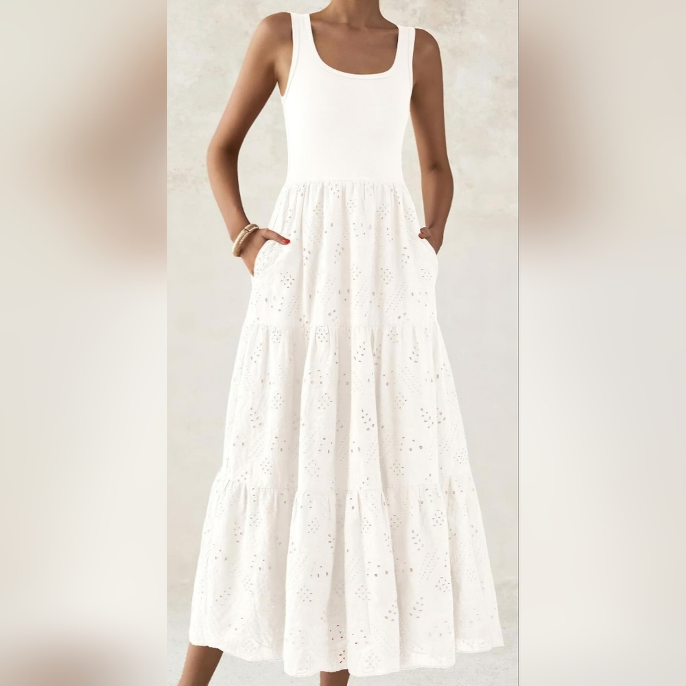 Cream Sleeveless Dress with Eyelet Skirt